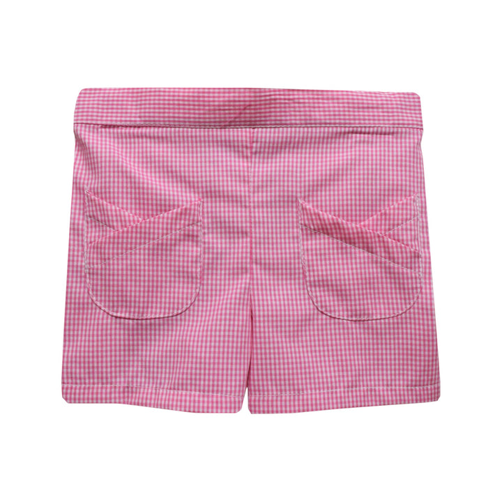 That Store candy pink gingham girls shorts featuring unique front tulip pockets and a comfortable elastic waistband.