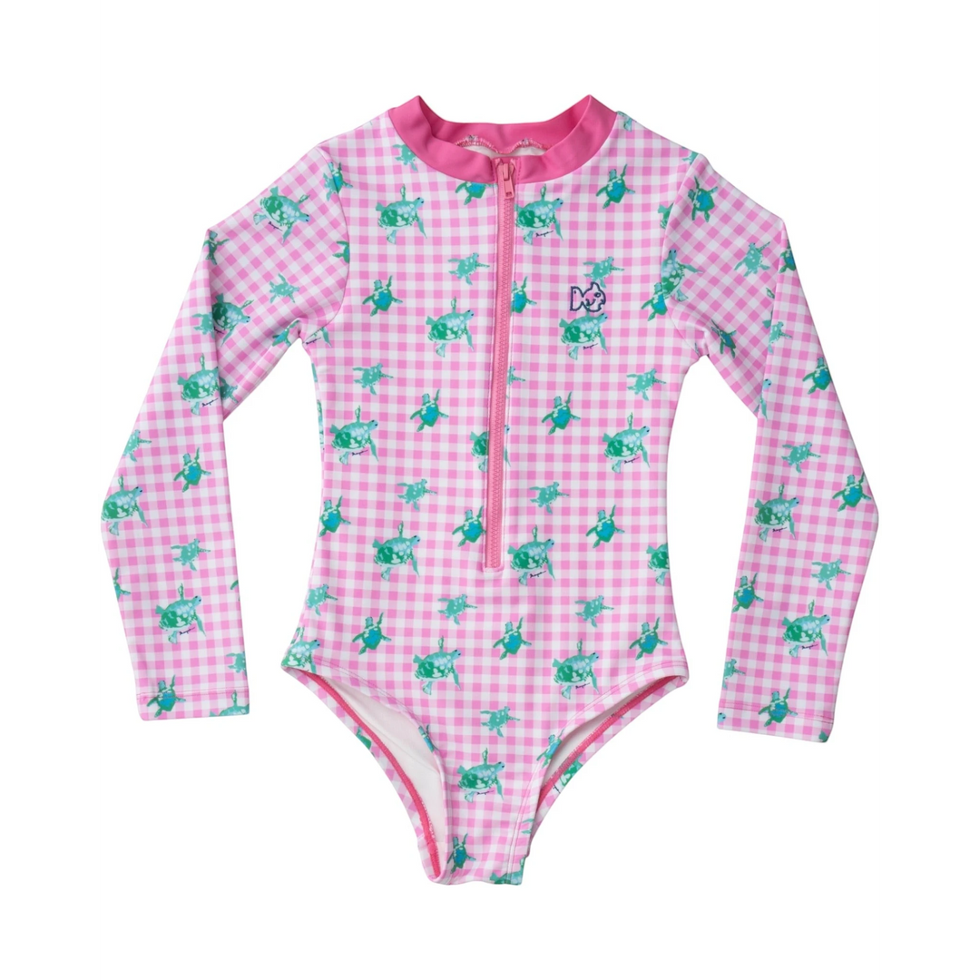 That Store girls pink gingham one-piece swimsuit with green turtle print, long sleeves, and front zipper closure.