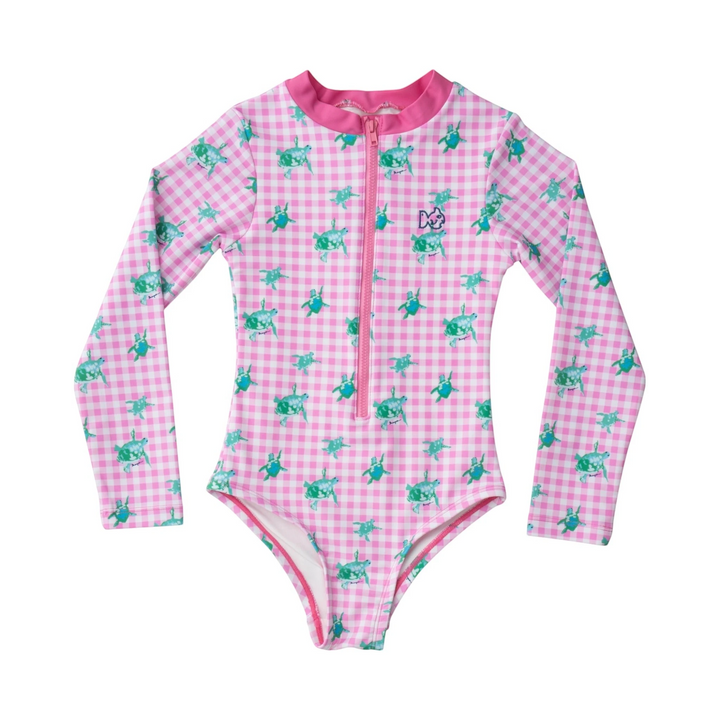 That Store girls pink gingham one-piece swimsuit with green turtle print, long sleeves, and front zipper closure.