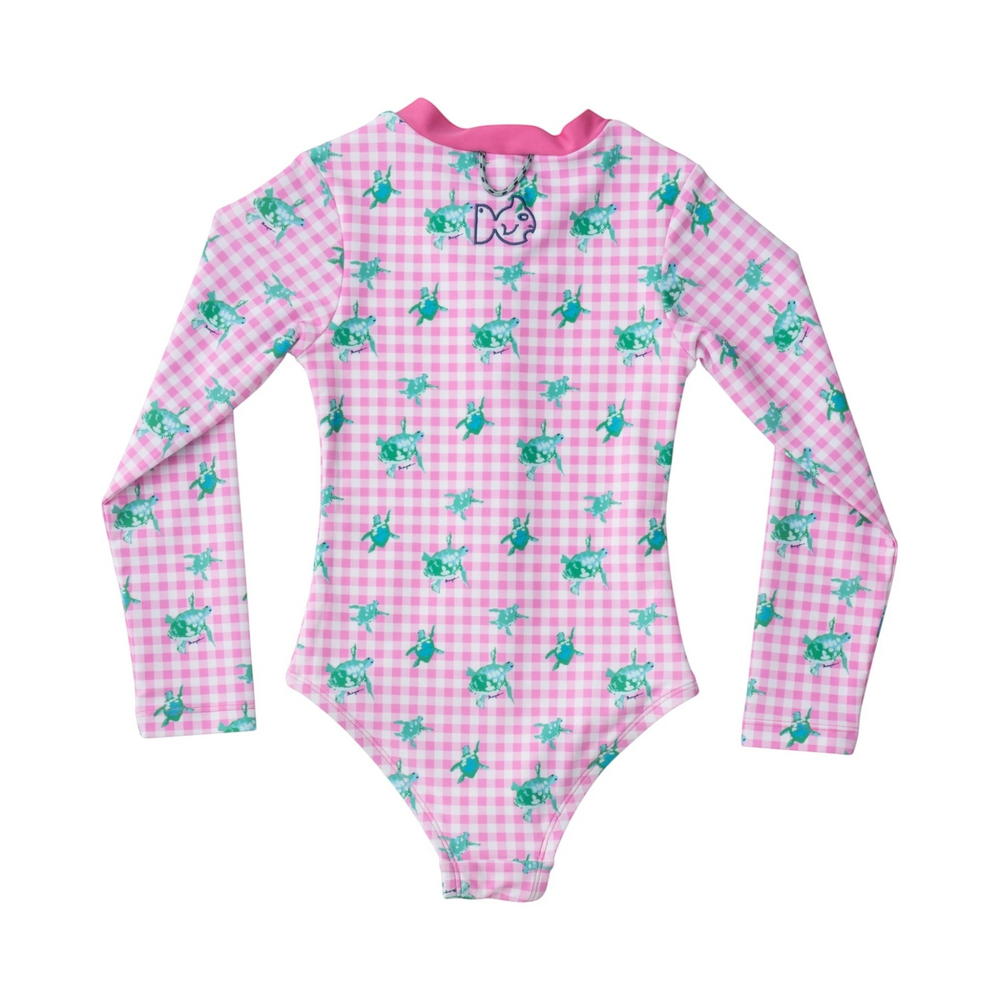That Store girls pink gingham one-piece swimsuit with green sea turtle print and long sleeves, back view.