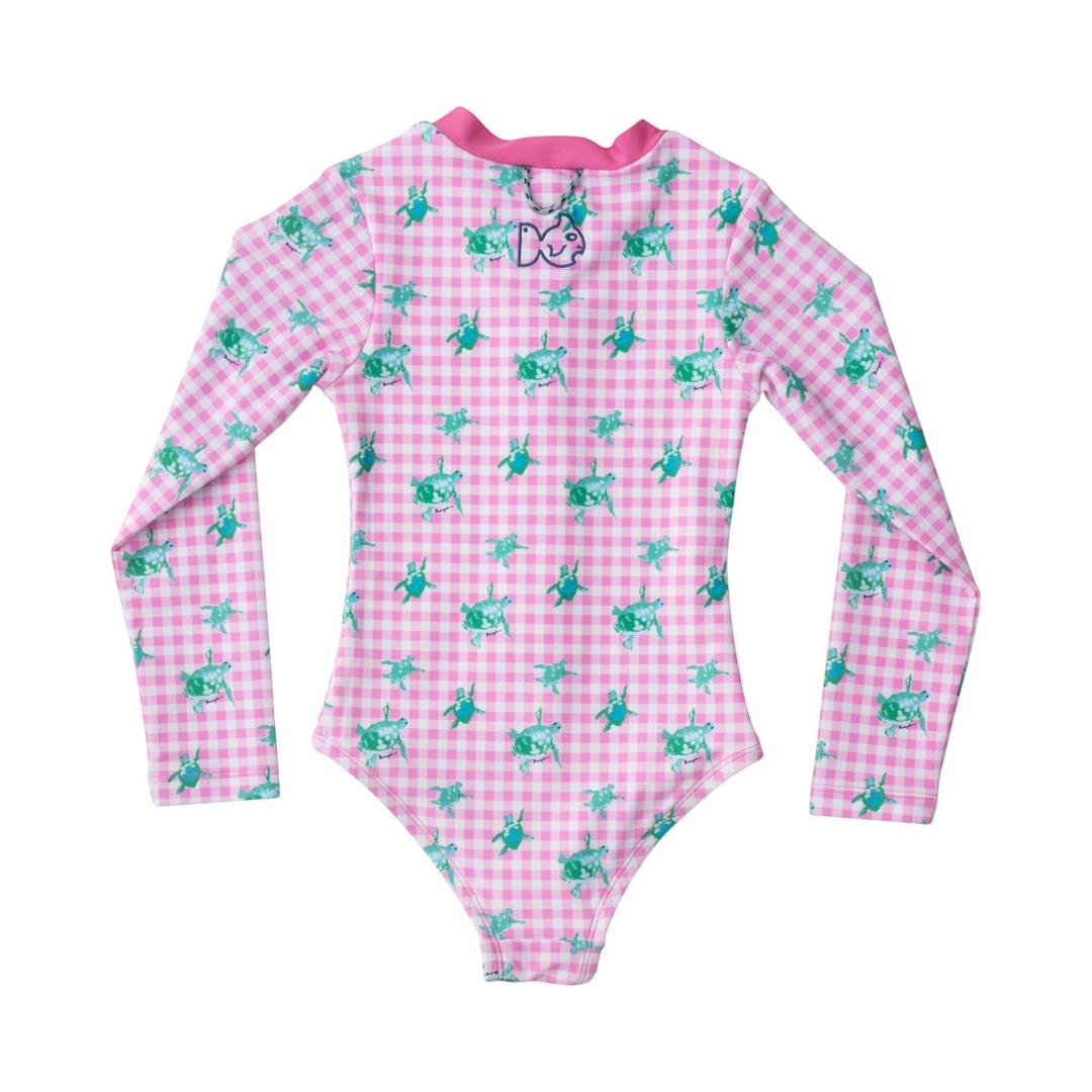 That Store girls pink gingham one-piece swimsuit with green sea turtle print and long sleeves, back view.