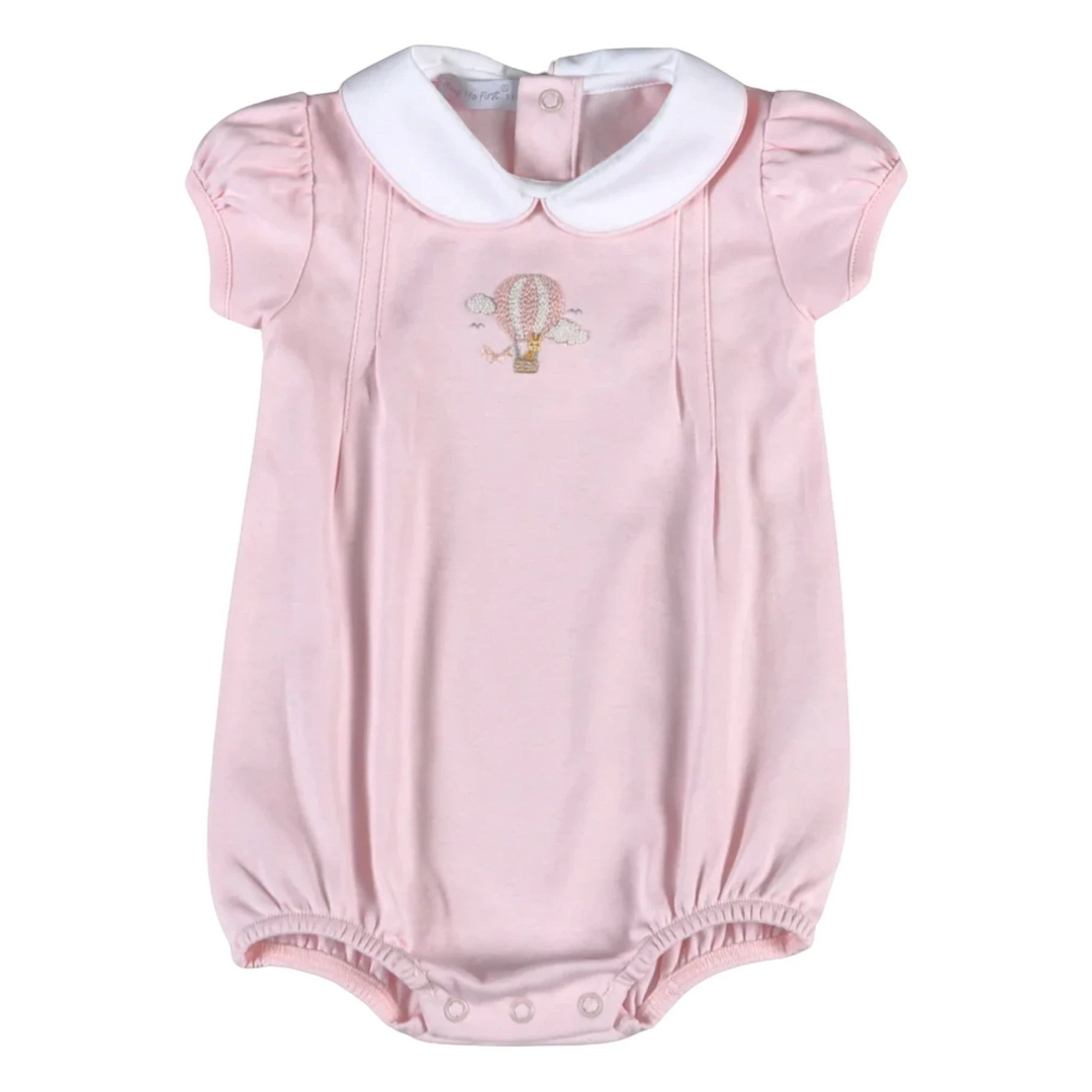 That Store pink baby bubble romper with hand-embroidered giraffe in a hot air balloon and a white peter pan collar