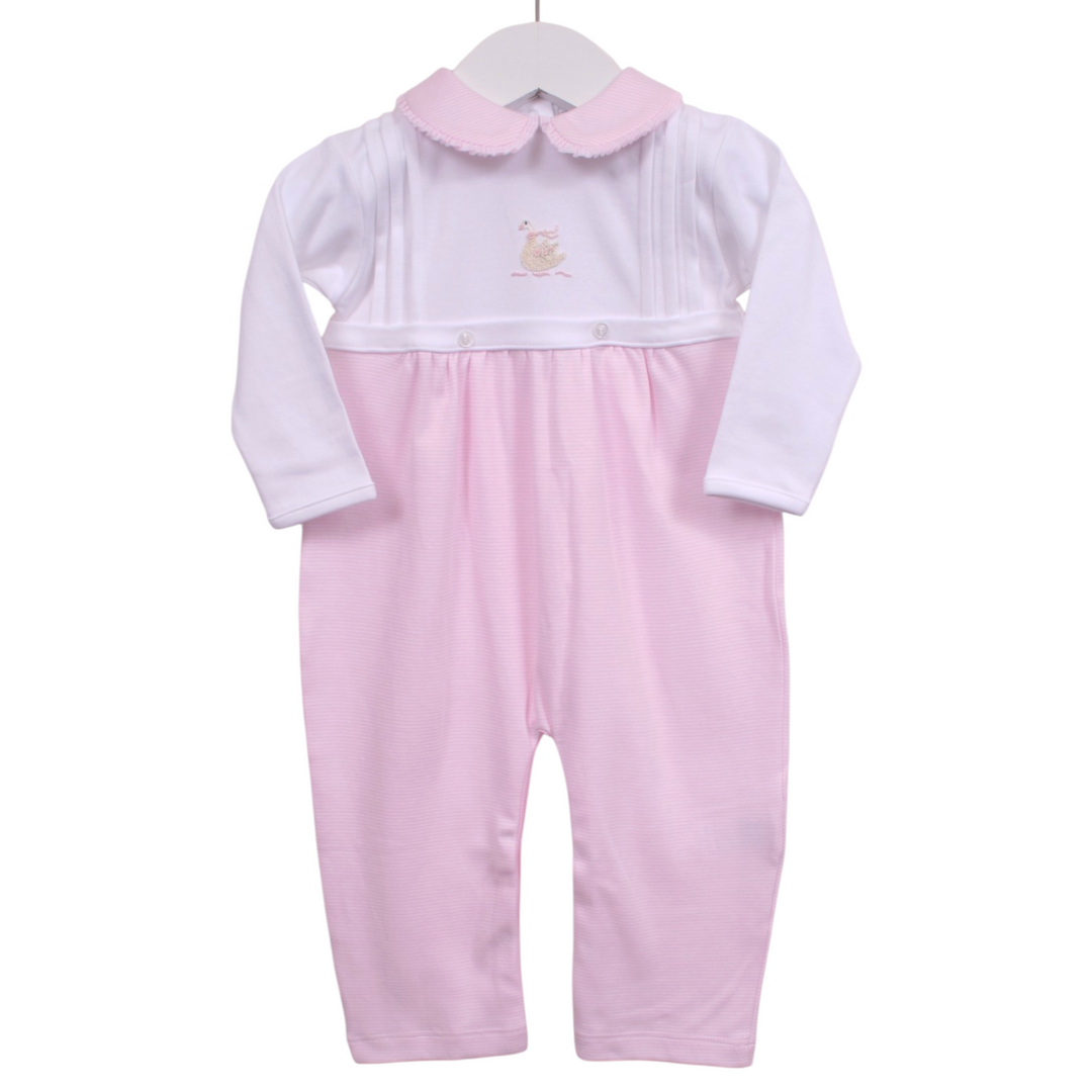 That Store pink cotton baby romper featuring a white peter pan collar and embroidered goose detail
