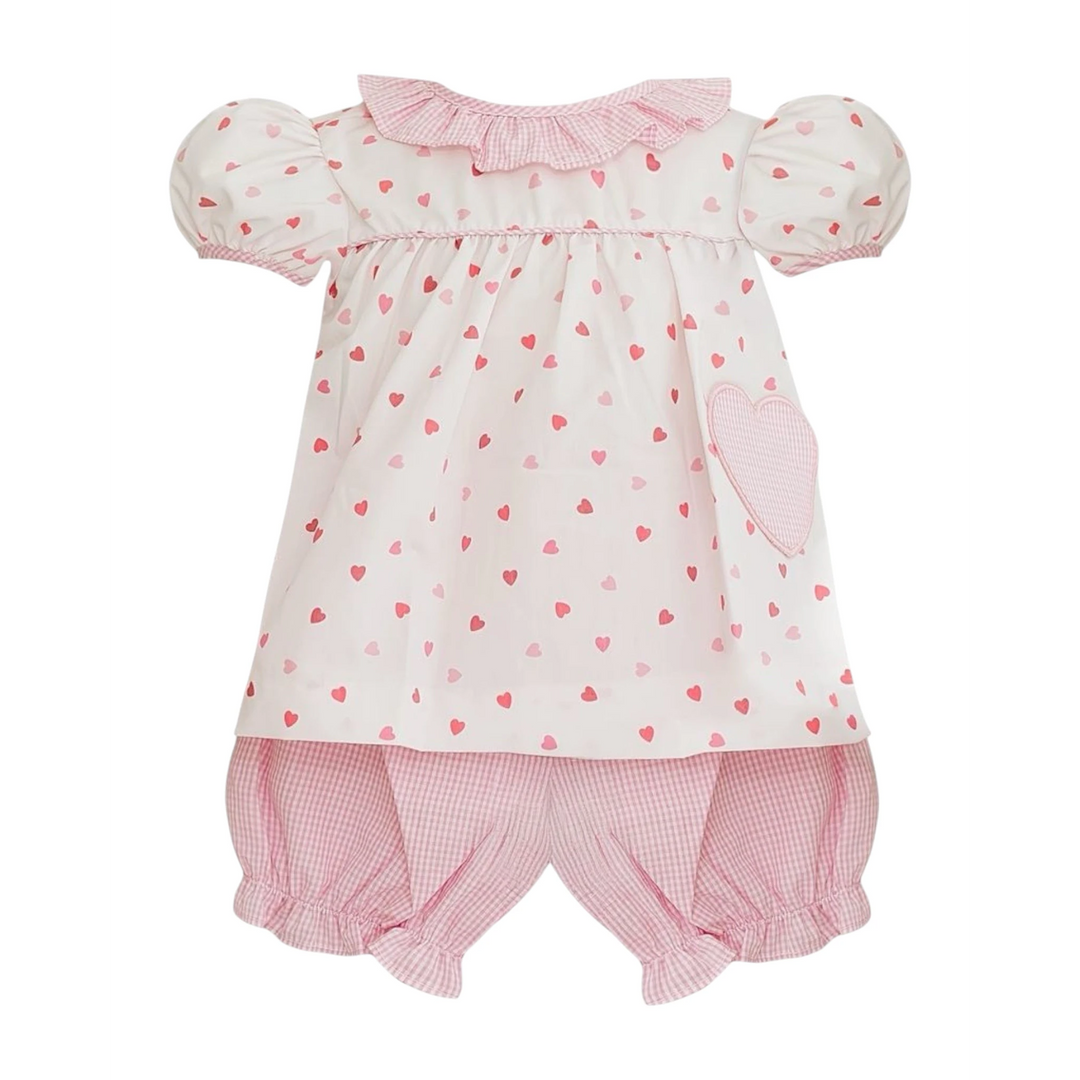 That Store Anabelle pink bloomer set with heart print top, ruffled collar, and gingham heart patch detail.