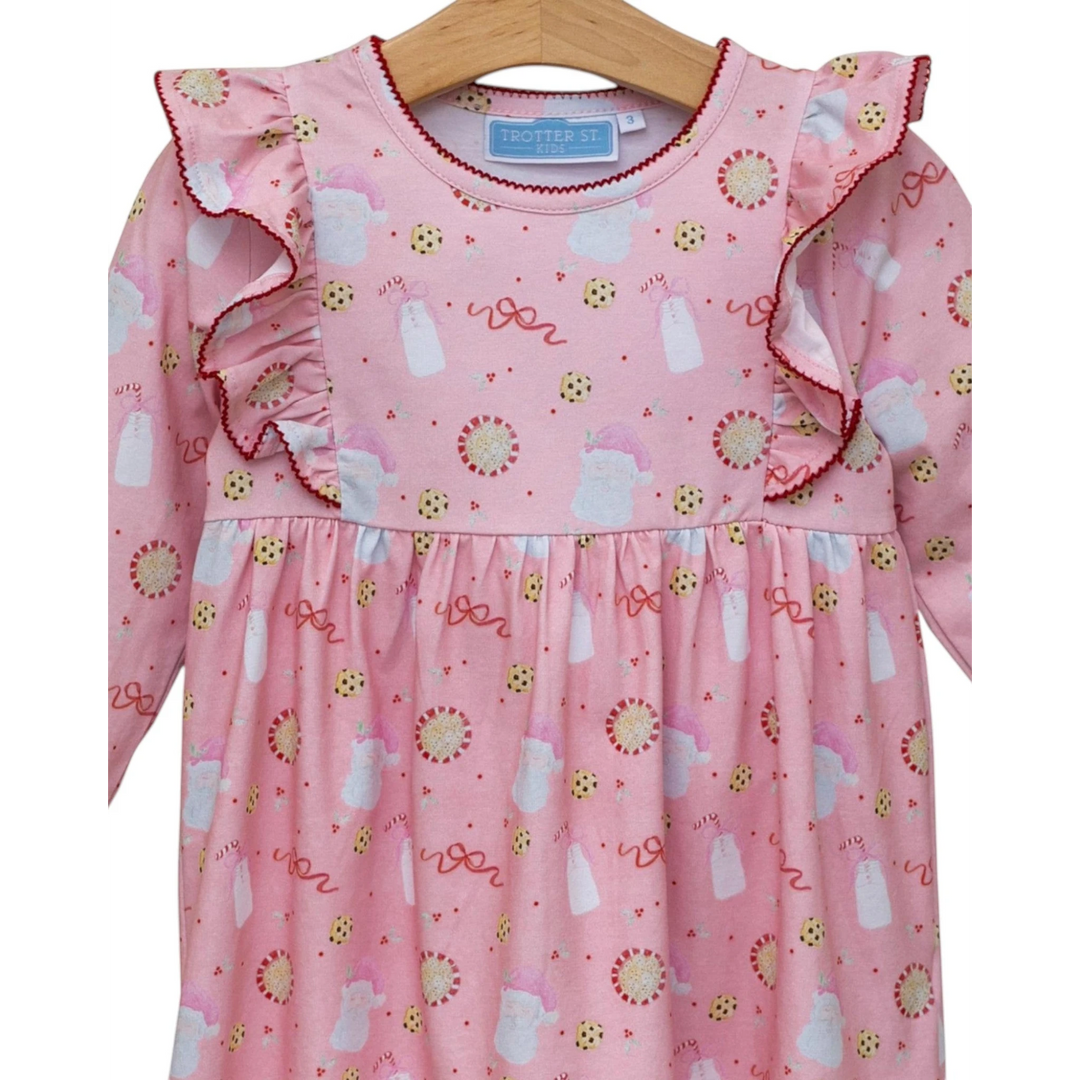 That Store girls pink long-sleeve dress with ruffle shoulders and festive Santa and cookie holiday print