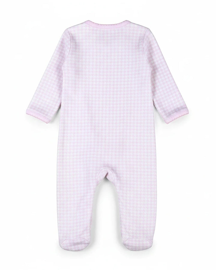 Back view of That Store pink and white houndstooth Pima cotton baby footie with long sleeves