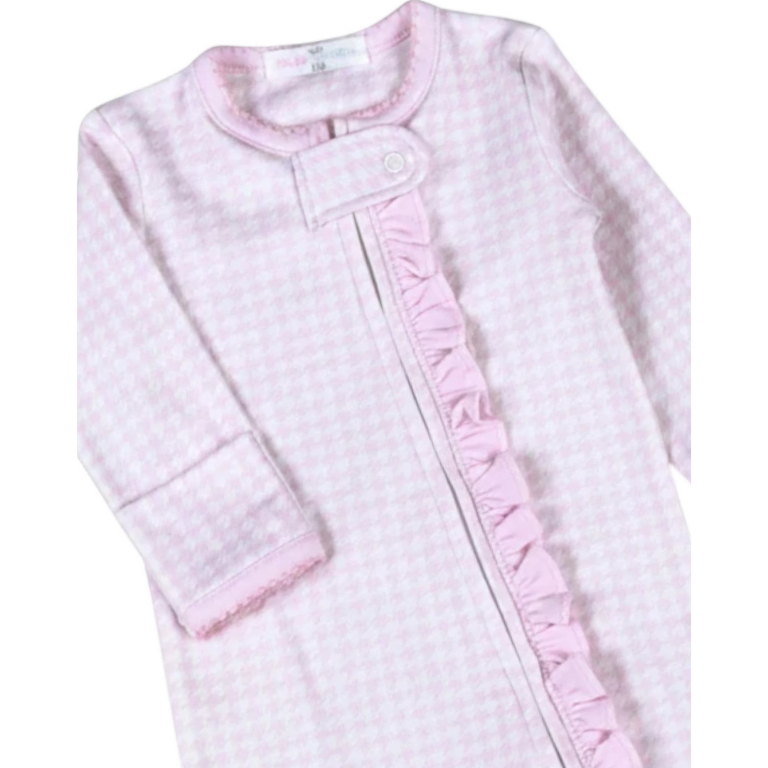 That Store pink and white houndstooth Pima cotton baby footie with ruffled zipper detail and snap closure