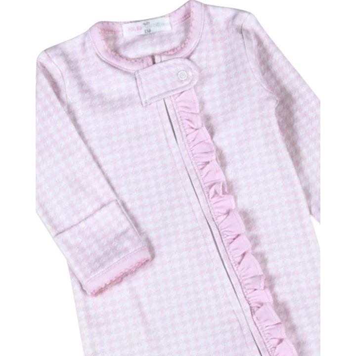 That Store pink and white houndstooth Pima cotton baby footie with ruffled zipper detail and snap closure