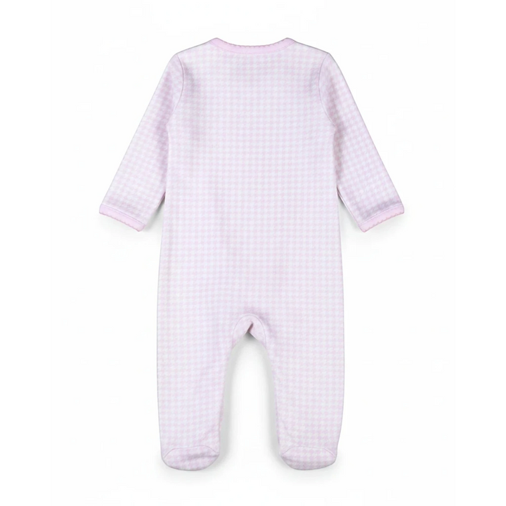 That Store pink and white houndstooth Pima cotton baby footie with long sleeves and a back view.
