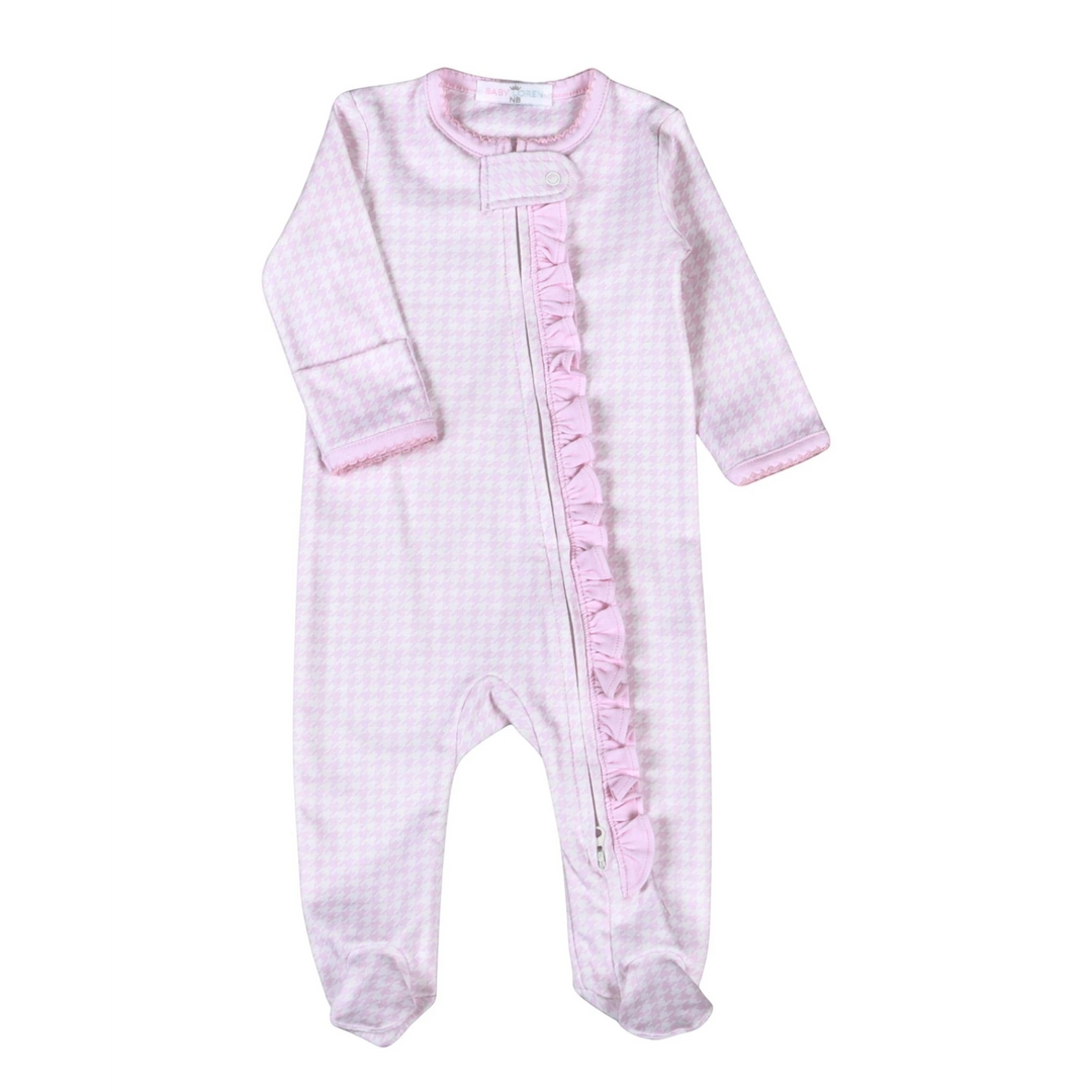 That Store pink and white houndstooth Pima cotton baby footie with a ruffled zipper front for easy dressing.