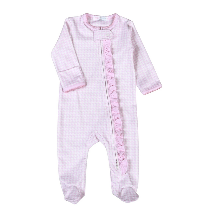 That Store pink and white houndstooth Pima cotton baby footie with a ruffled zipper front for easy dressing.
