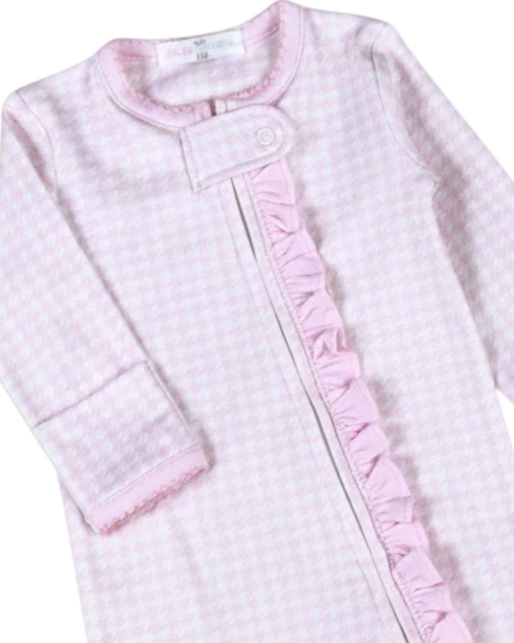 That Store pink and white houndstooth Pima cotton baby footie with a ruffled zipper front for easy dressing.