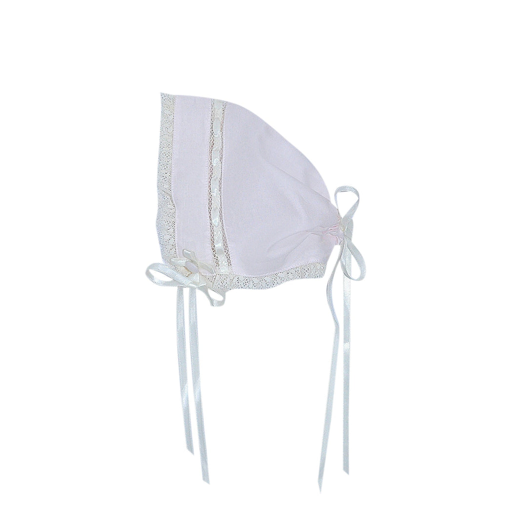 That Store pink baby bonnet with delicate ecru lace trim and ribbon ties for a vintage-inspired look