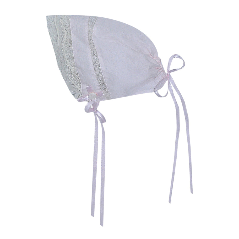 That Store pink baby bonnet with delicate ecru lace trim and ribbon ties for a vintage-inspired look