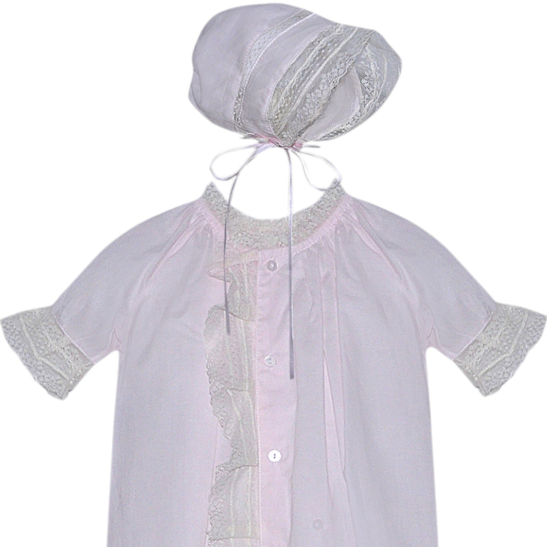 That Store pink baby daygown with ecru lace trim and matching bonnet for newborn girls