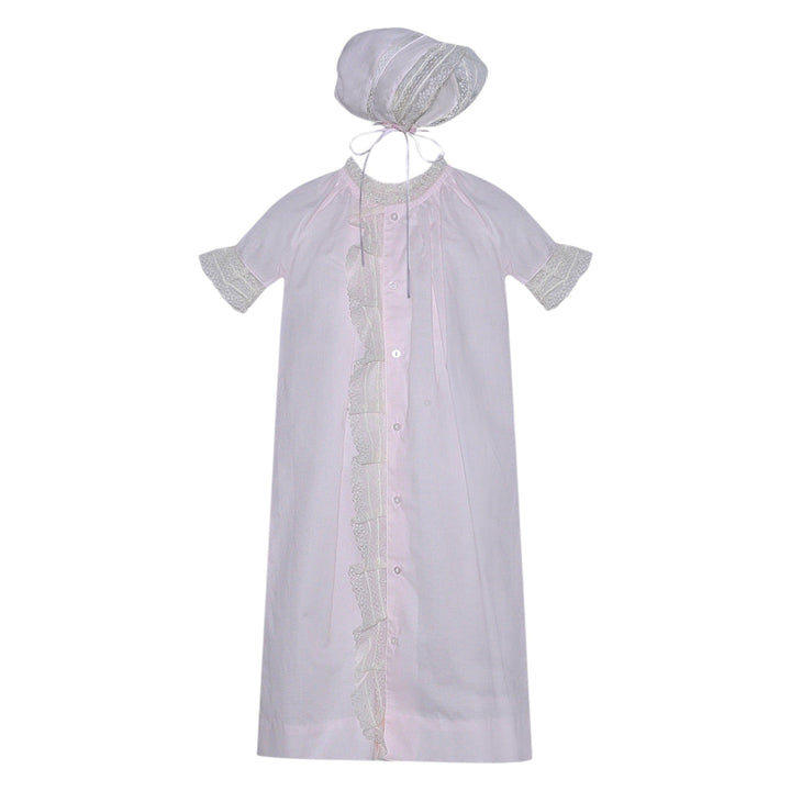 That Store pink girls daygown with ecru lace trim and matching bonnet for newborn baby