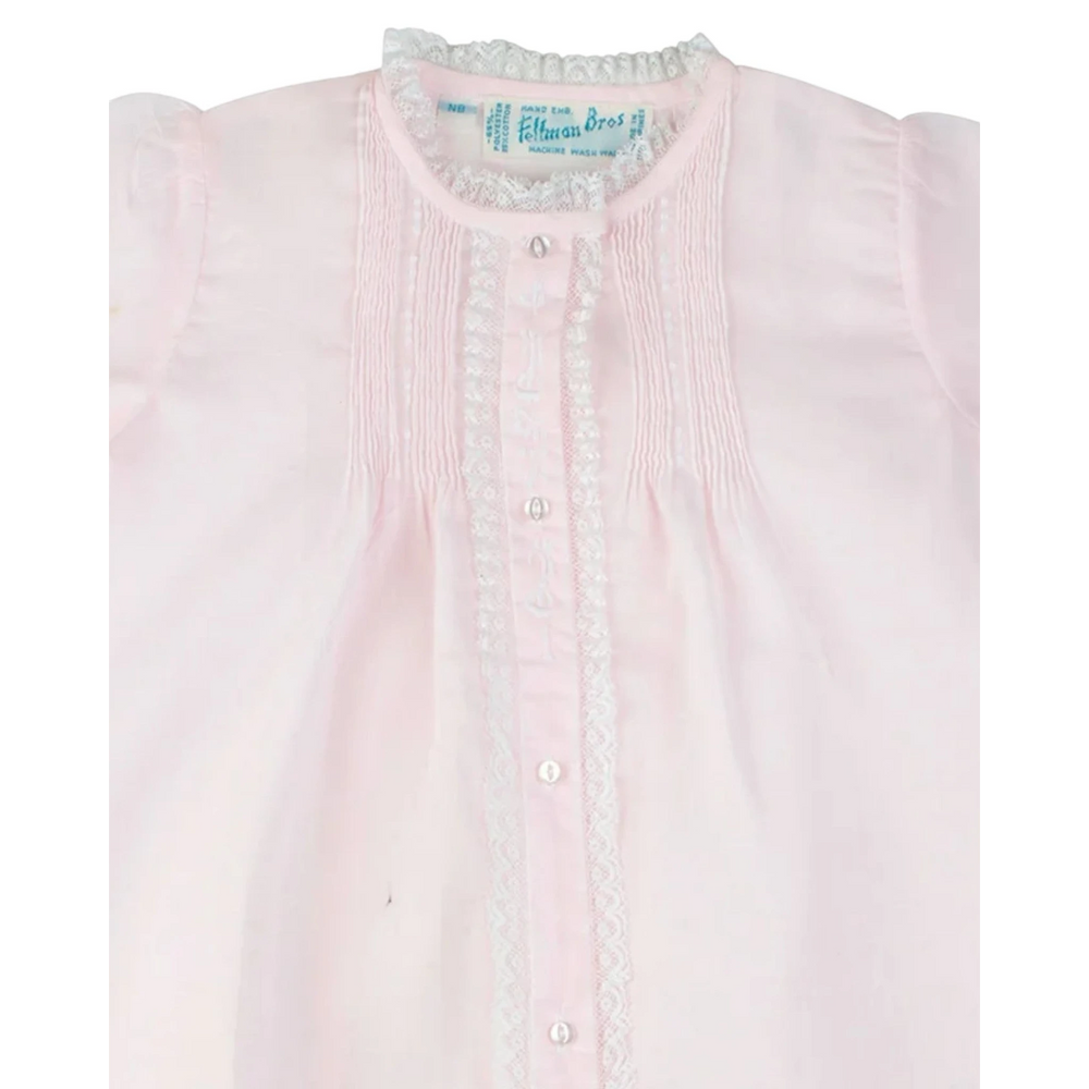 That Store vintage style pink daygown featuring delicate fluted lace trim, hand stitched pintucks, and embroidery.