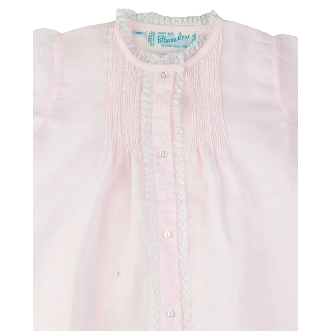 That Store vintage style pink daygown featuring delicate fluted lace trim, hand stitched pintucks, and embroidery.