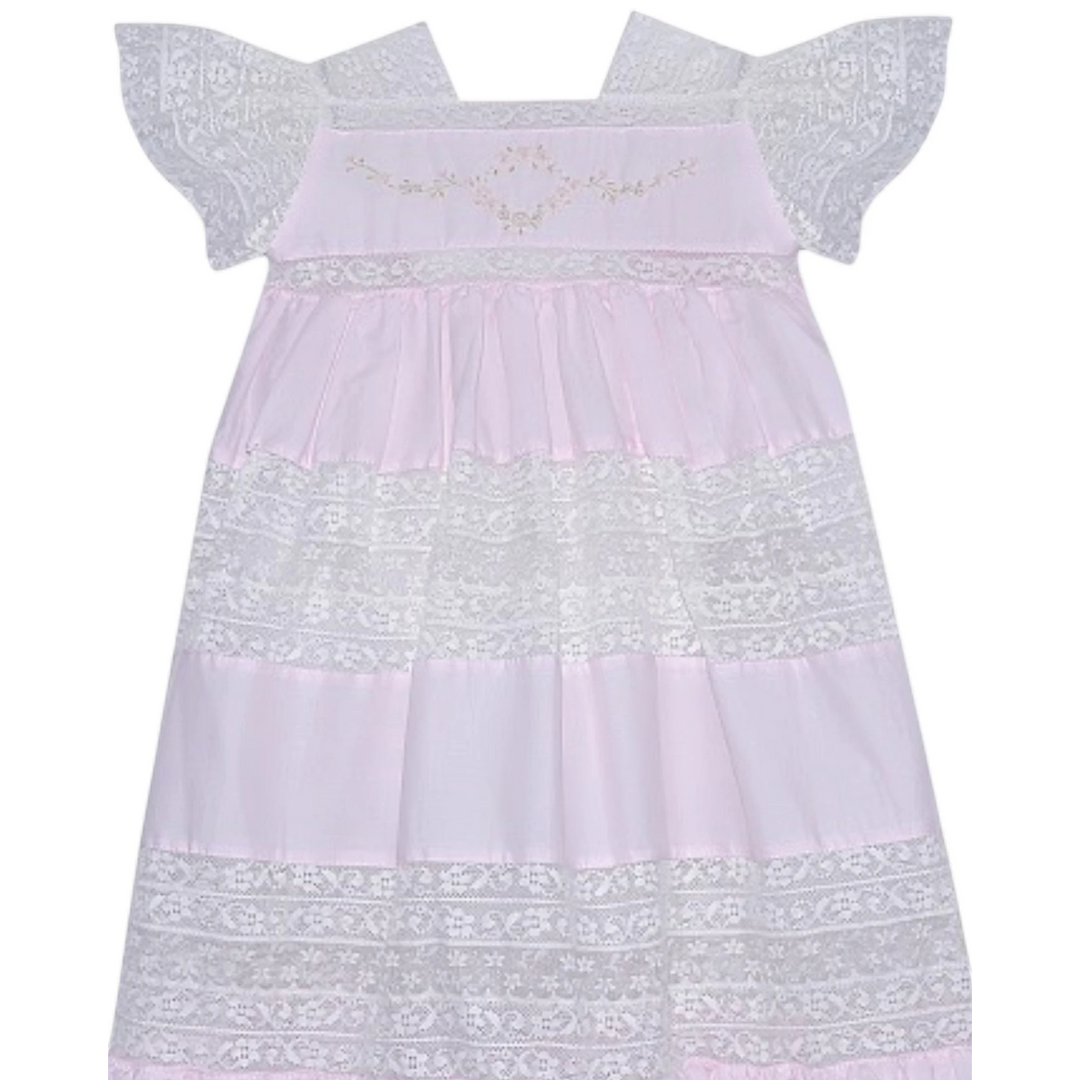 That Store Mary Frances pink cotton heirloom dress with intricate ecru lace trim and floral embroidery details.