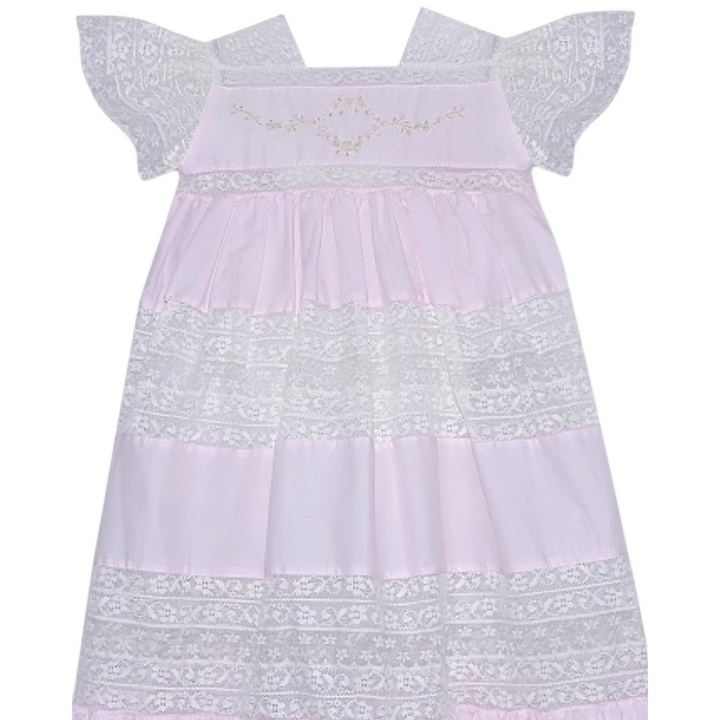 That Store Mary Frances pink cotton heirloom dress with intricate ecru lace trim and floral embroidery details.