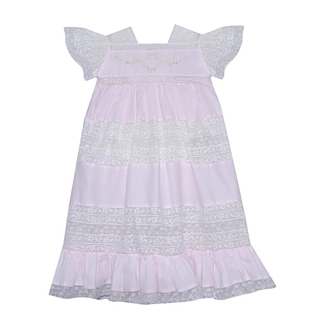 That Store Mary Frances pink cotton heirloom dress with intricate ecru lace trim and delicate floral embroidery