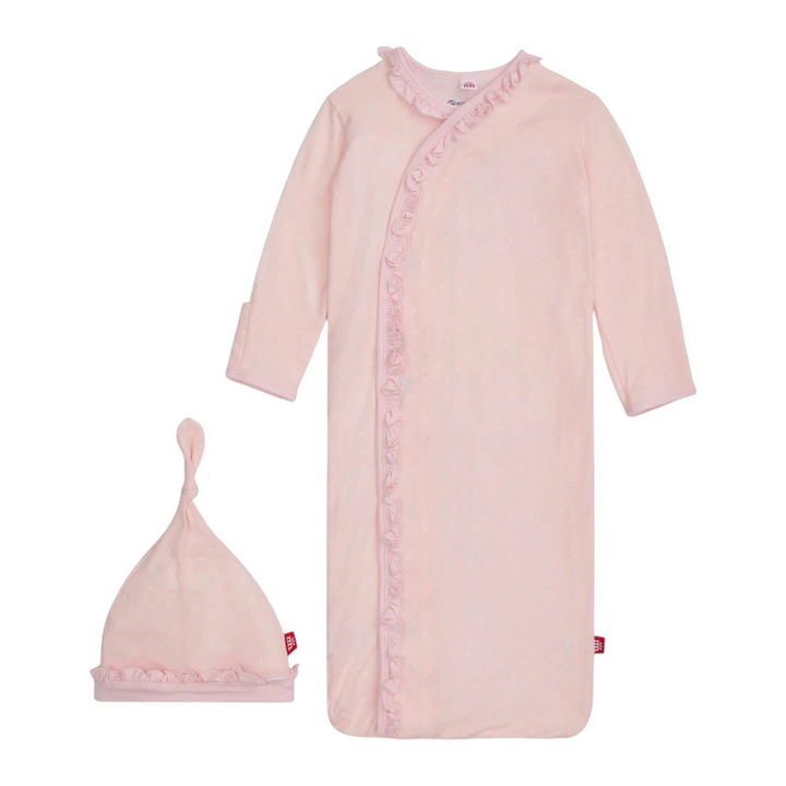 That Store pink pin dot modal newborn gown and matching hat set with ruffle trim and magnetic closures