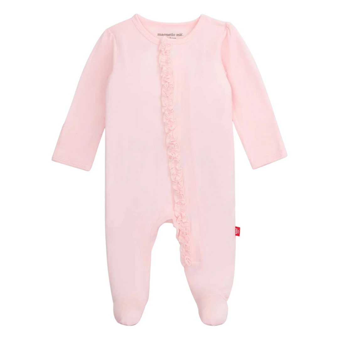 That Store pink modal magnetic footie sleeper with ruffle trim detail for easy baby diaper changes.