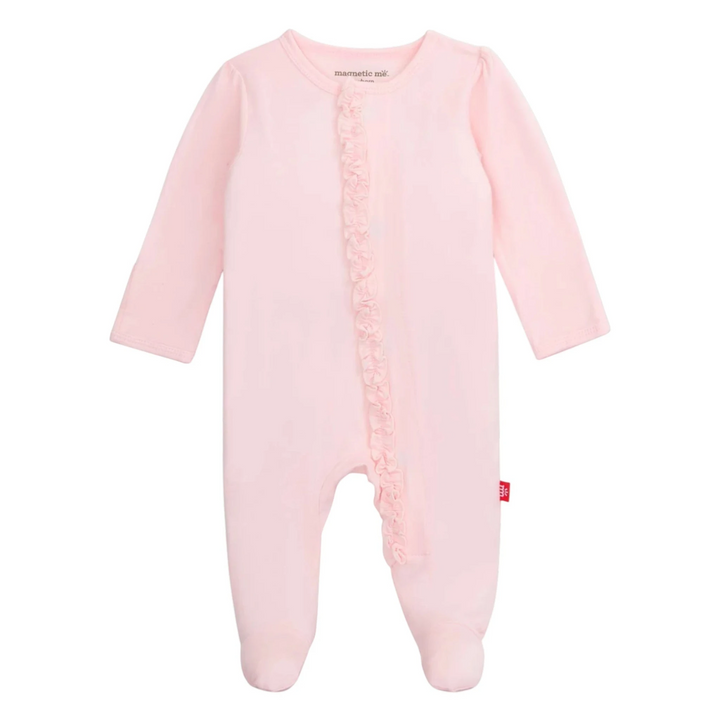That Store pink modal magnetic footie sleeper with ruffle trim detail for easy baby diaper changes.