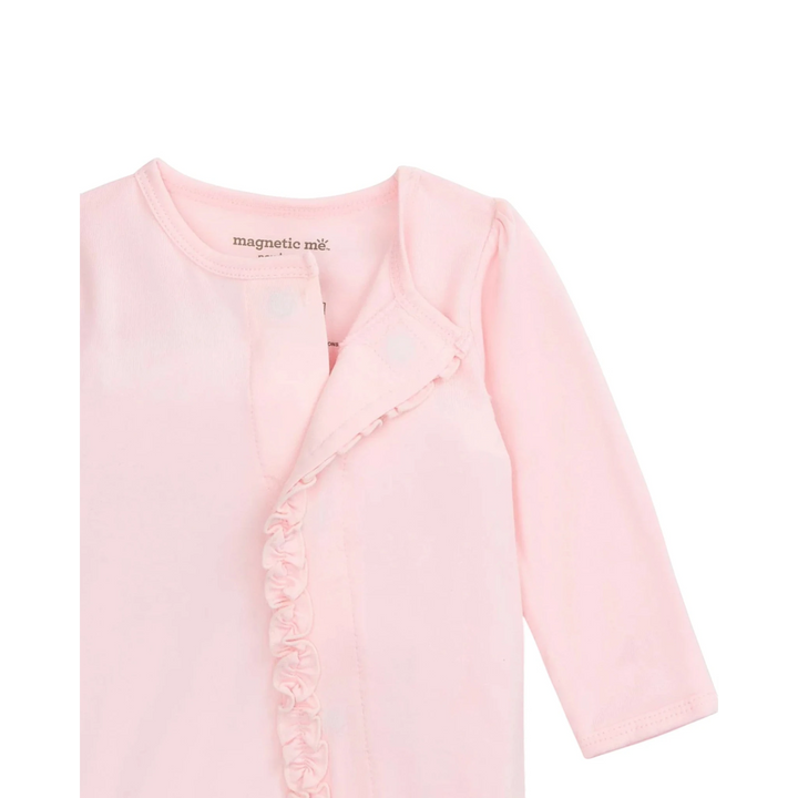 That Store pink modal magnetic footie with ruffled trim detail and long sleeves for baby.