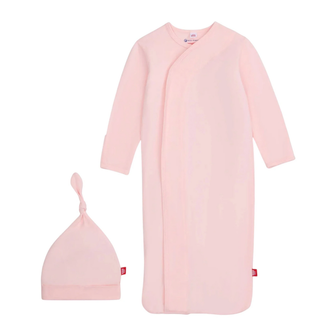 That Store pink modal newborn gown and matching knotted hat set with magnetic closures and built-in mitten cuffs