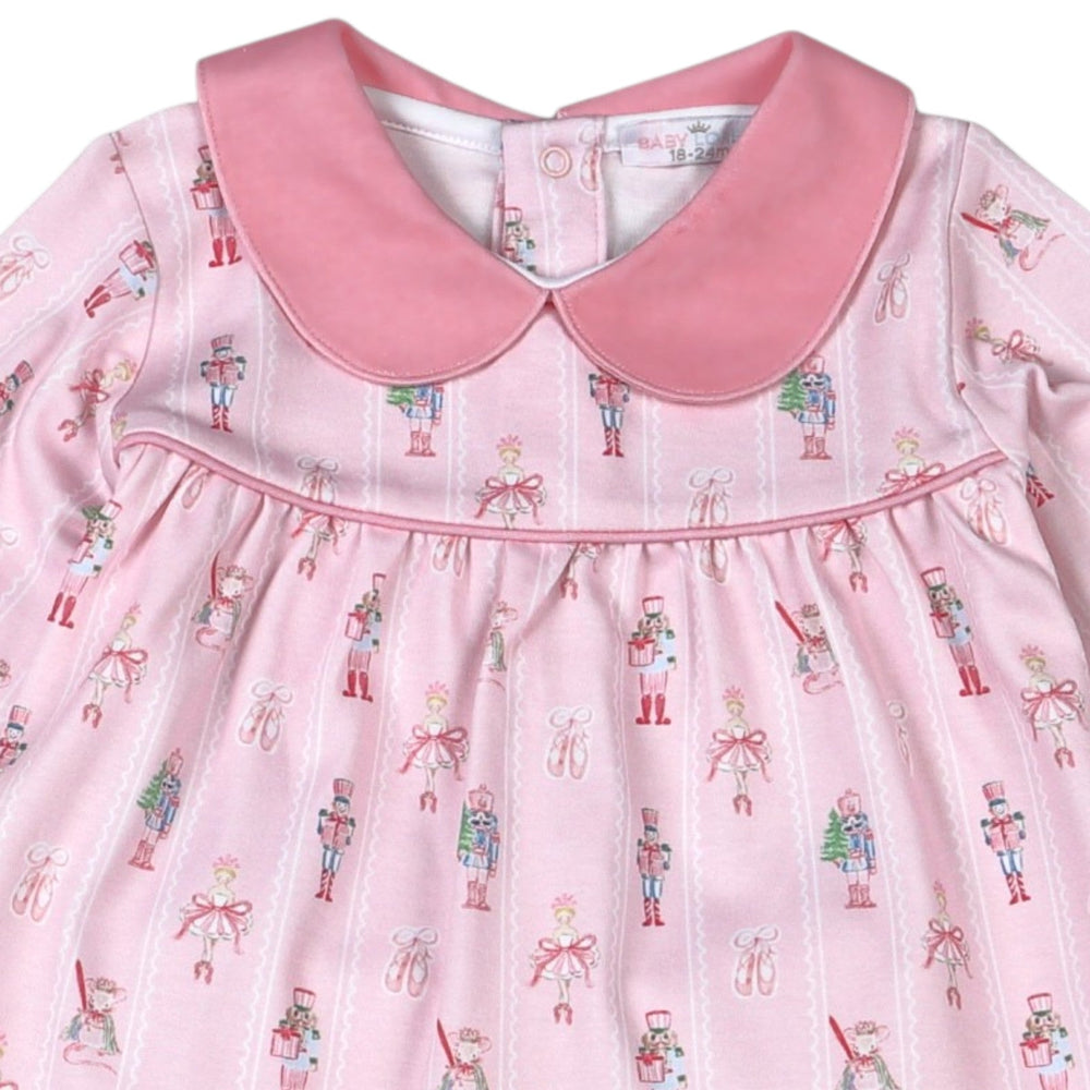 That Store pink Pima cotton bloomer set featuring a Nutcracker print and a pink peter pan collar for baby girls.