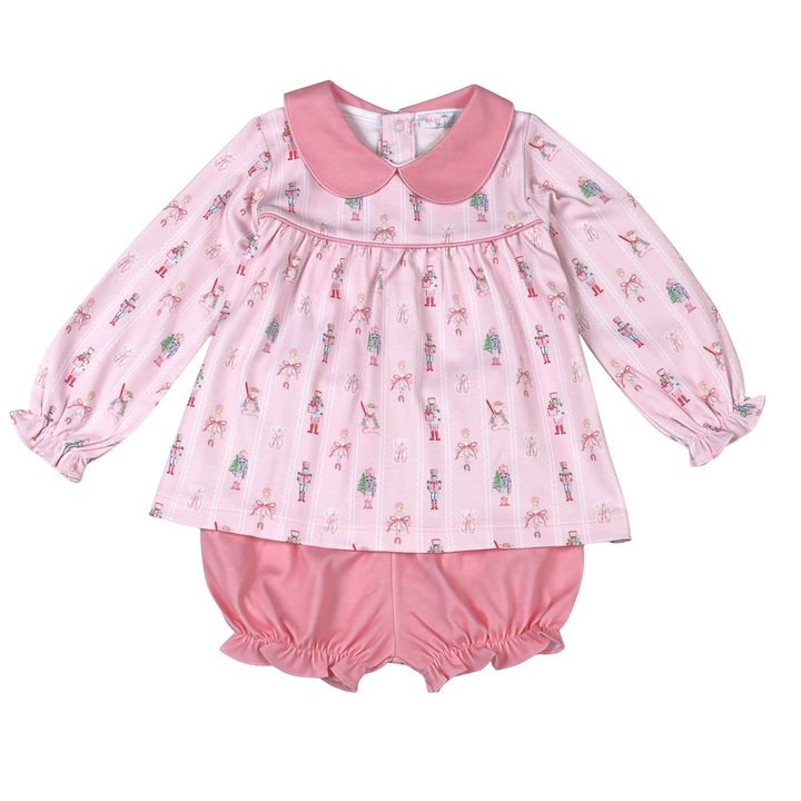 That Store pink Pima cotton bloomer set featuring a Nutcracker print, Peter Pan collar, and ruffled sleeves.