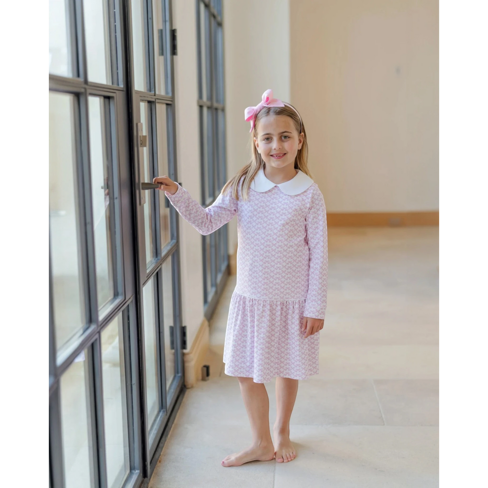 That Store Lillian girls' long sleeve pima cotton dress in pink with a white peter pan collar and ruffle skirt