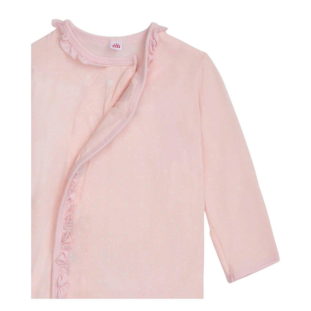 That Store pink pin dot modal baby gown with ruffle trim and magnetic closure for easy diaper changes