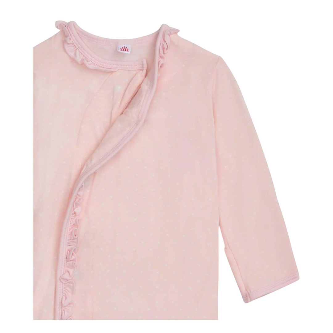 That Store pink pin dot modal baby gown with ruffle trim and magnetic closure for easy diaper changes