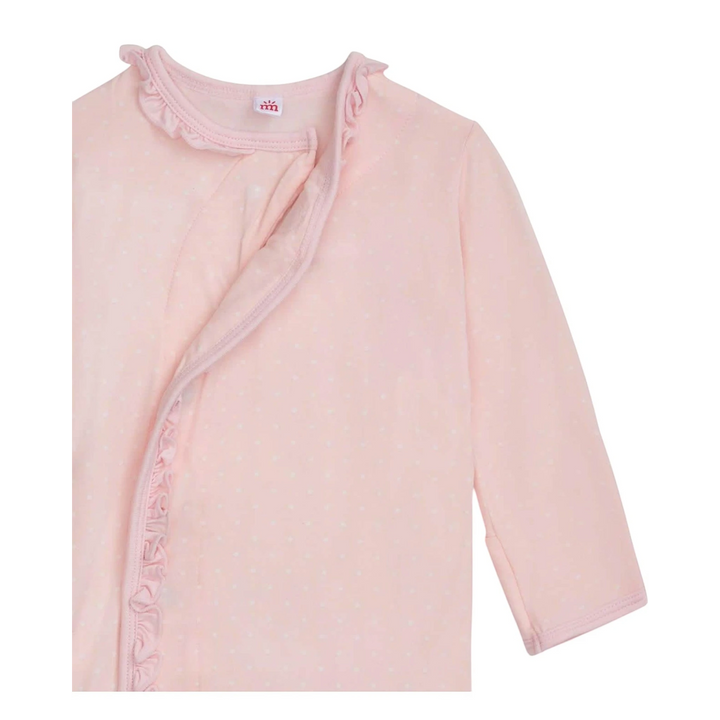 That Store pink pin dot modal baby gown with ruffle trim and magnetic closure for easy diaper changes