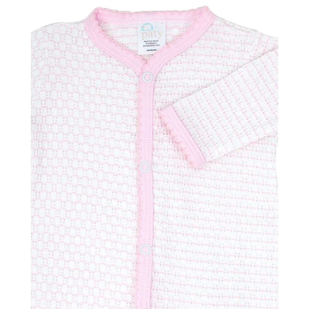 That Store pink and white pinstripe cotton blend knit baby footie with delicate pima trim and snap button closure