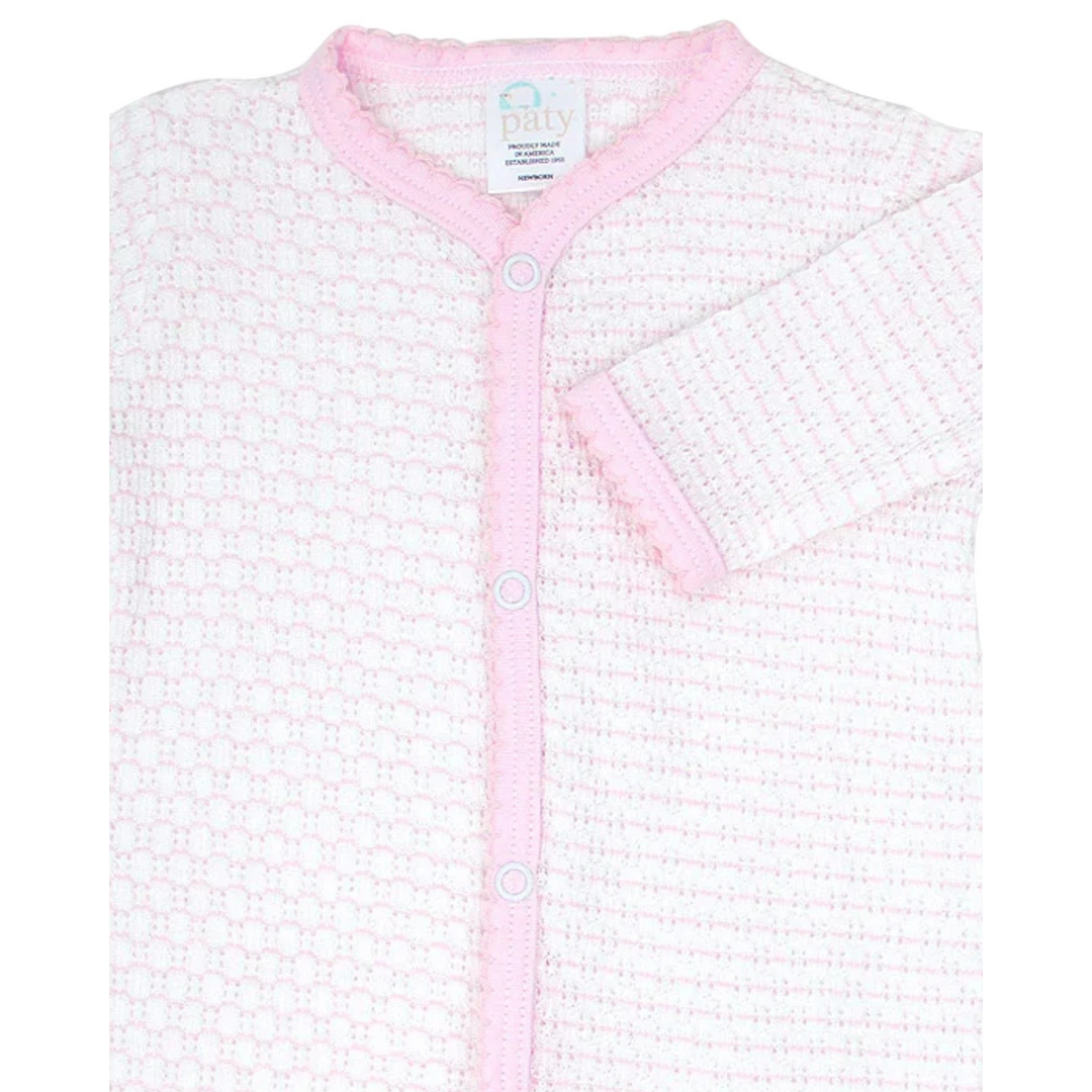 That Store pink and white pinstripe cotton blend knit baby footie with delicate pima trim and snap button closure