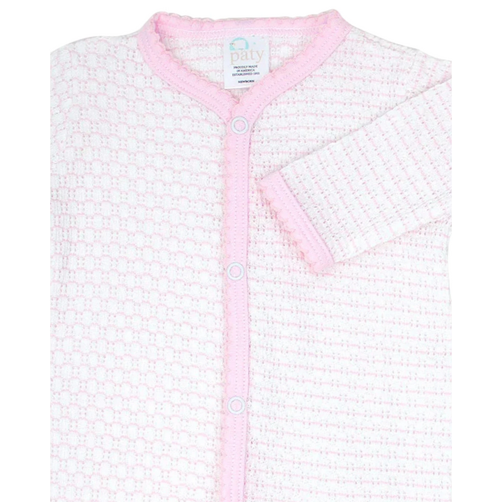 That Store pink and white pinstripe cotton blend knit baby footie with delicate pima trim and snap button closure