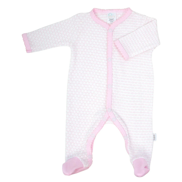 That Store pink pinstripe Paty knit girls footie with soft pima cotton trim and snap front closure