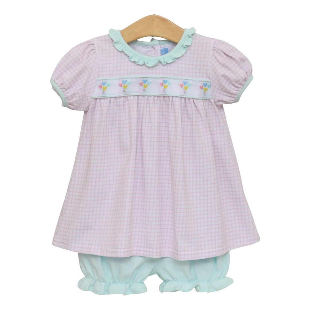 That Store pink plaid bloomer set with mint green ruffles and whimsical Mickey balloon embroidery on cotton fabric