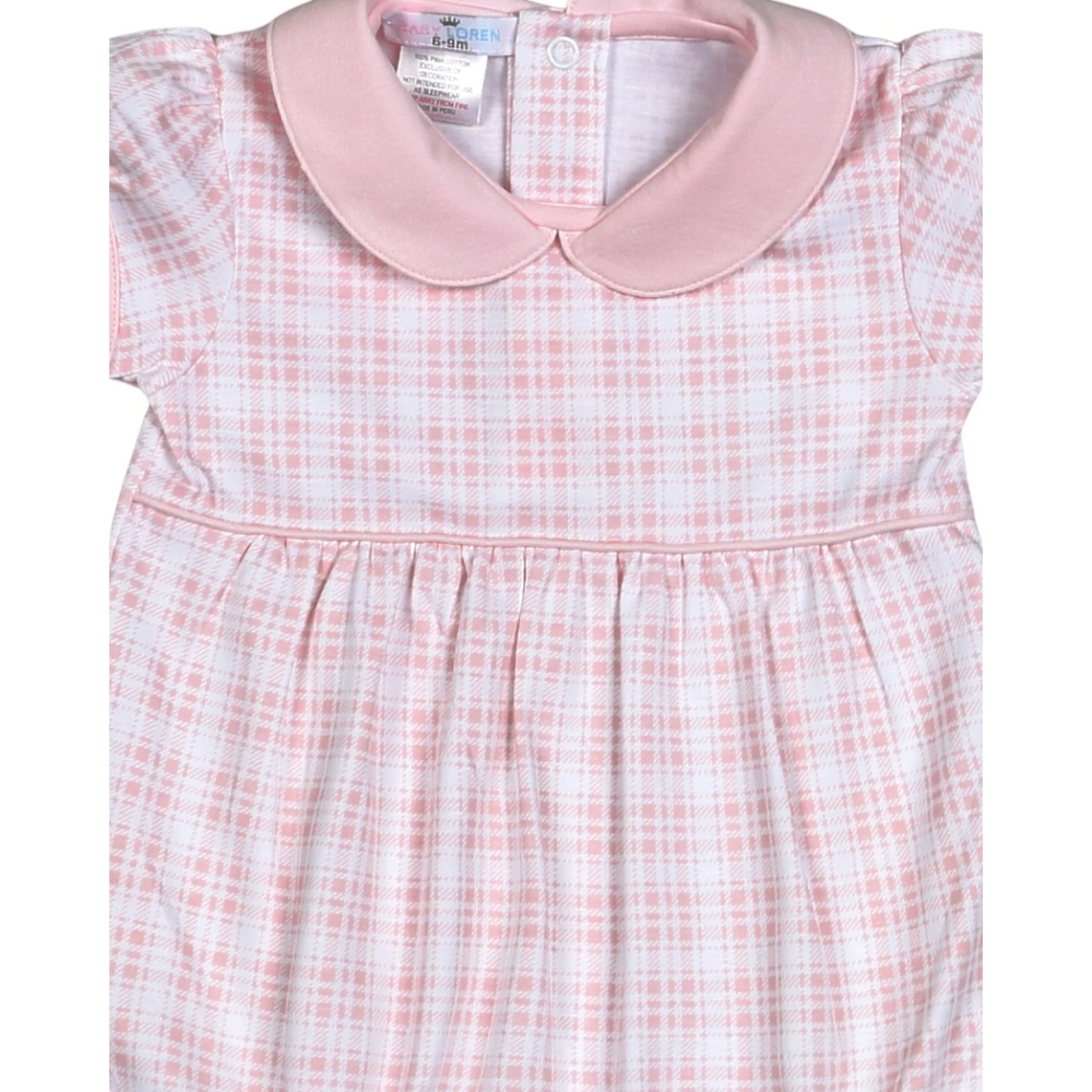 That Store Rossy pink plaid Pima cotton baby bubble with a solid pink peter pan collar and snap closures