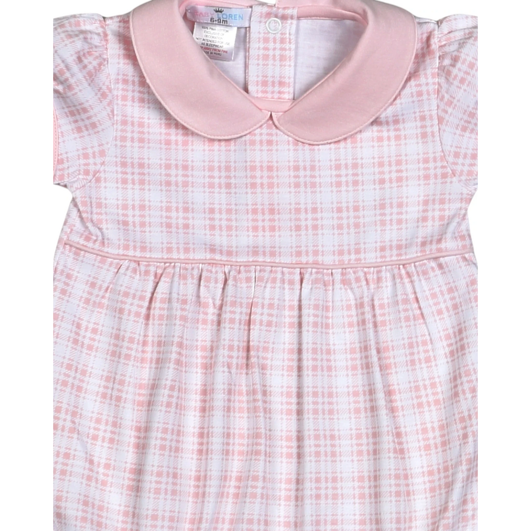 That Store Rossy pink plaid Pima cotton baby bubble with a solid pink peter pan collar and snap closures