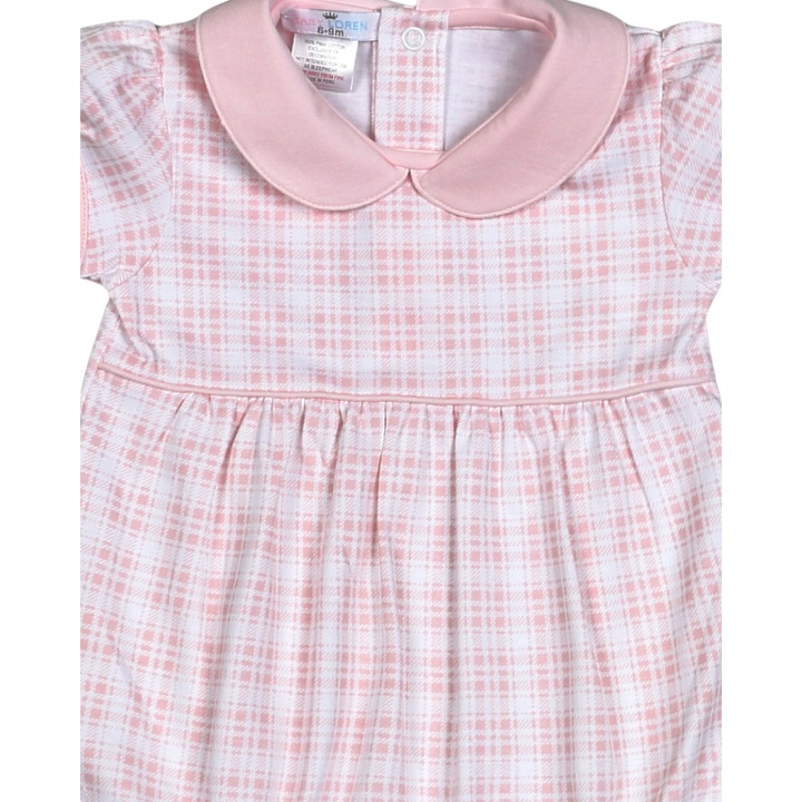 That Store Rossy pink plaid Pima cotton baby bubble with a solid pink peter pan collar and snap closures