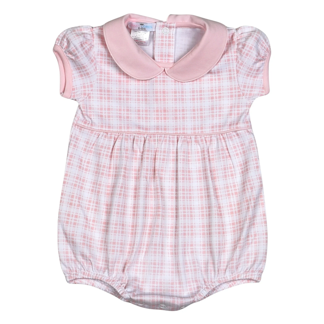 That Store baby girl bubble in pink plaid Pima cotton with a peter pan collar and snap closures.