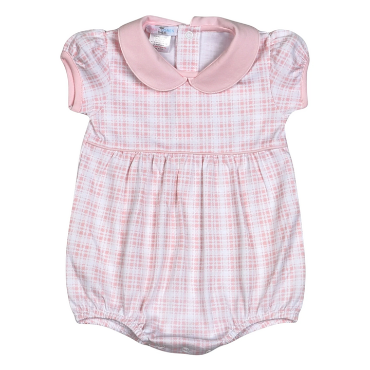 That Store baby girl bubble in pink plaid Pima cotton with a peter pan collar and snap closures.