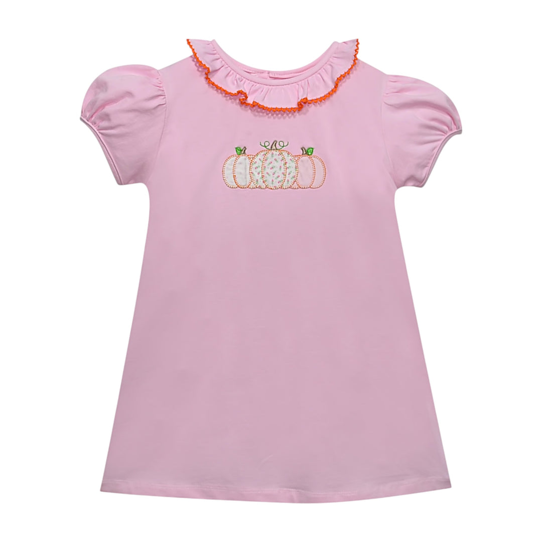 That Store toddler girl pink cotton dress featuring a pumpkin applique, puff sleeves, and a ruffled orange collar.