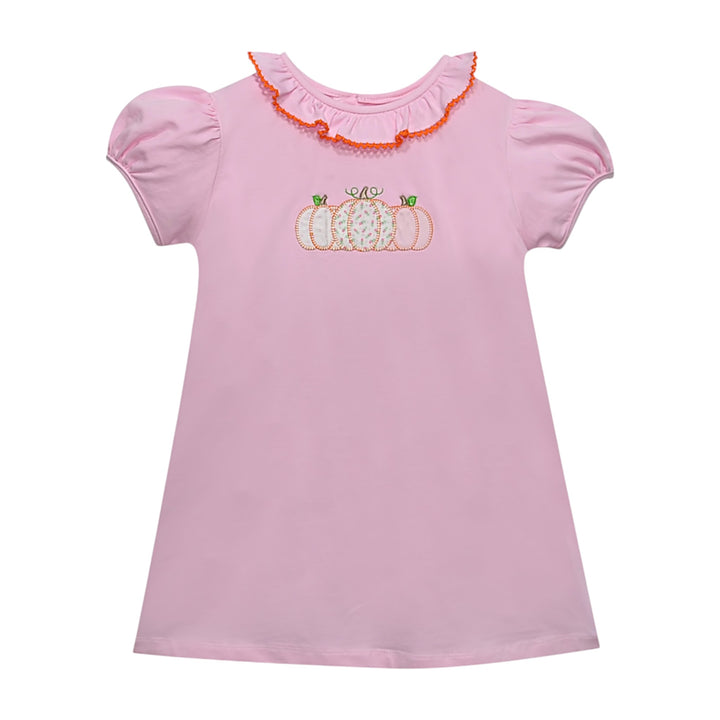 That Store toddler girl pink cotton dress featuring a pumpkin applique, puff sleeves, and a ruffled orange collar.