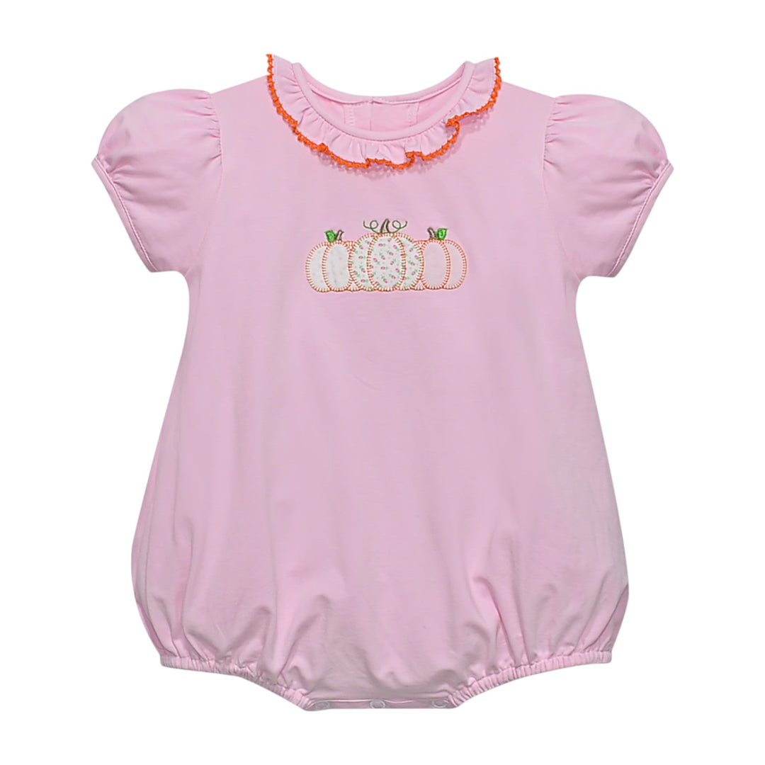 That Store pink cotton bubble for girls featuring a pumpkin applique and ruffled neckline with orange trim.