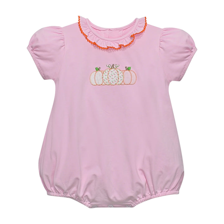 That Store pink cotton bubble for girls featuring a pumpkin applique and ruffled neckline with orange trim.